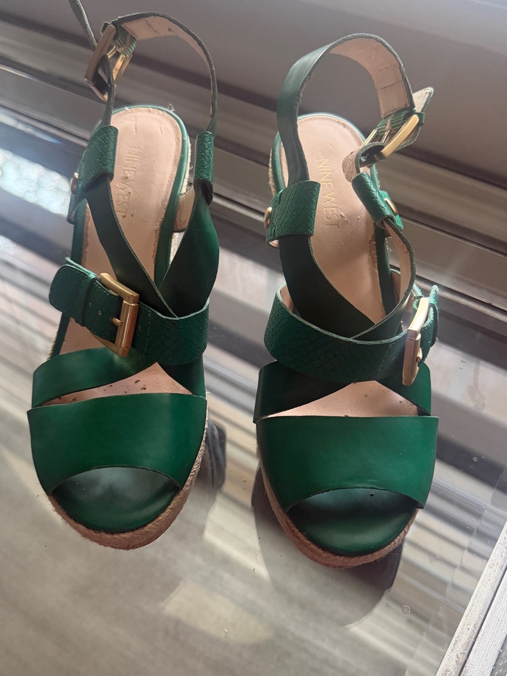 Nine West Emerald Green Leather Wedge Sandals with Gold Buckles